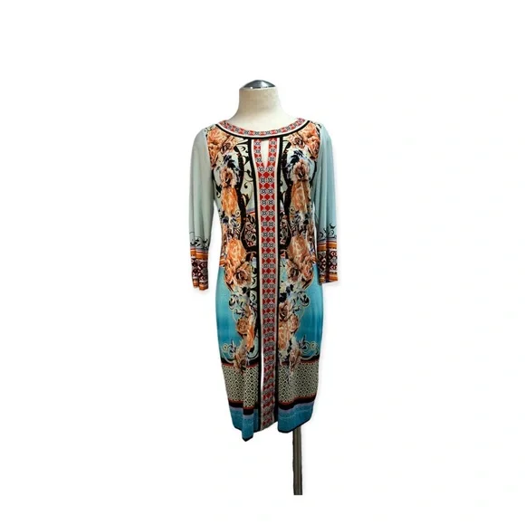 Beige By Eci Dresses | Beige By Eci Floral Abstract Print Keyhole Dress | Color: Blue/Red | Size: 4 | Pm-80388101's Closet